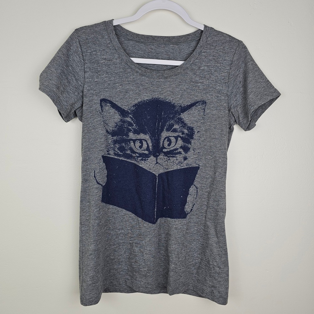 Reading Cat Book Tee Women Small Gray Short Sleeve Scoop Neck